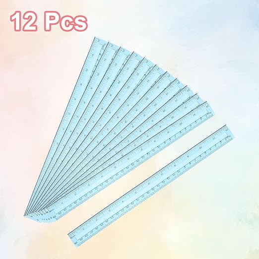 HARFINGTON 12pcs Plastic Rulers 12" (30cm) Clear Straight Ruler Measuring Tool Inches and Centimeters for Home Office Classrooms Drafting, Clear Blue