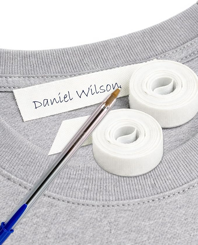 2 Rolls of White Fabric Label Tape 3m x 1cm. Heat Transfer, Writable. Includes Pen. Durable & Washable for Kids’ Clothes, School & Nursery