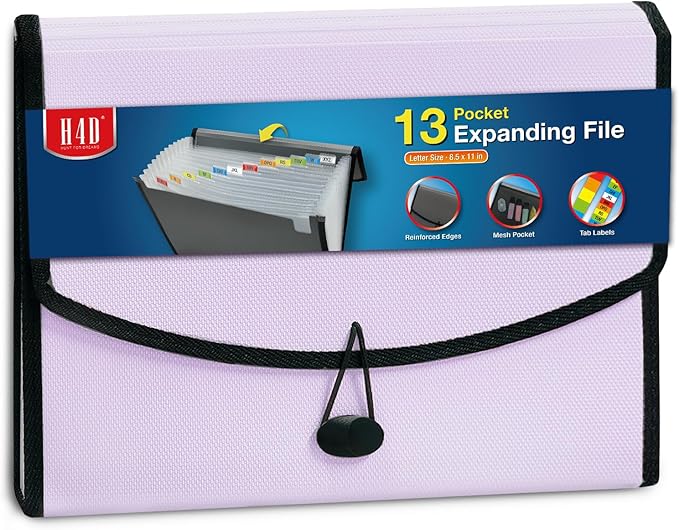 H4D 13-Pocket Accordion File Organizer with Mesh Pocket, Expanding File Folder with Tabs, Expandable Document Organizer for Home Office School, Letter Size, Pale Lilac