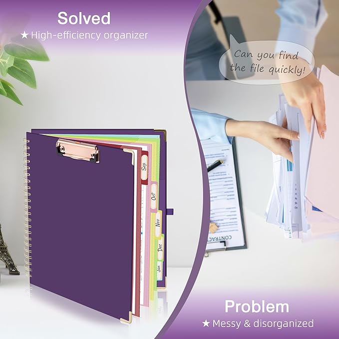 EYROZILL Spiral Notebook Clipboard with Removable Dividers Tabs, 5 Subject Notebook College Ruled, 8.5"x11" Hardcover Lined Journals with 12 Storage Pockets School Office Work Supplies