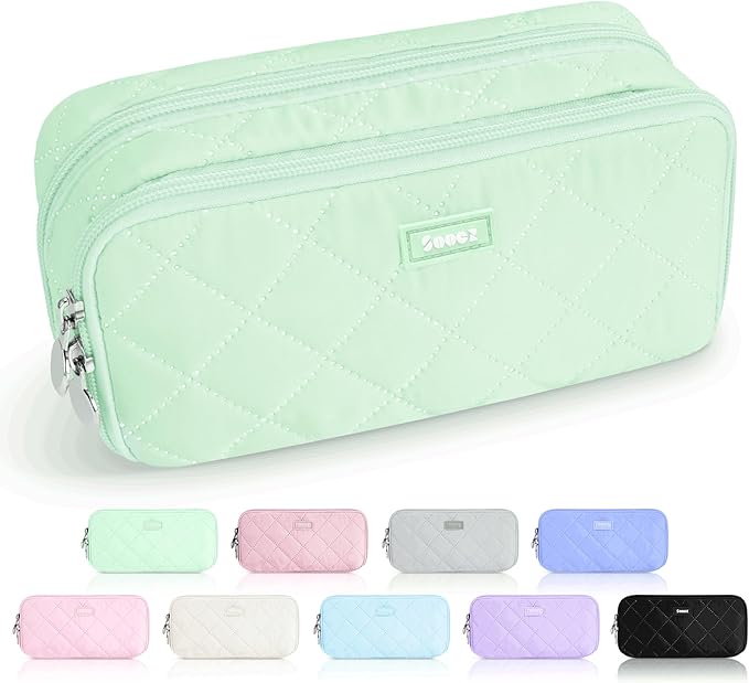 Sooez Large Pencil Case Pouch, Extra Big Pencil Bag with 8 Compartments, Pen Bag Wide Opening, Soft Quilted Pencil Pouch Organizer with Zipper, Portable Pencil Case for Teen Girls, Green
