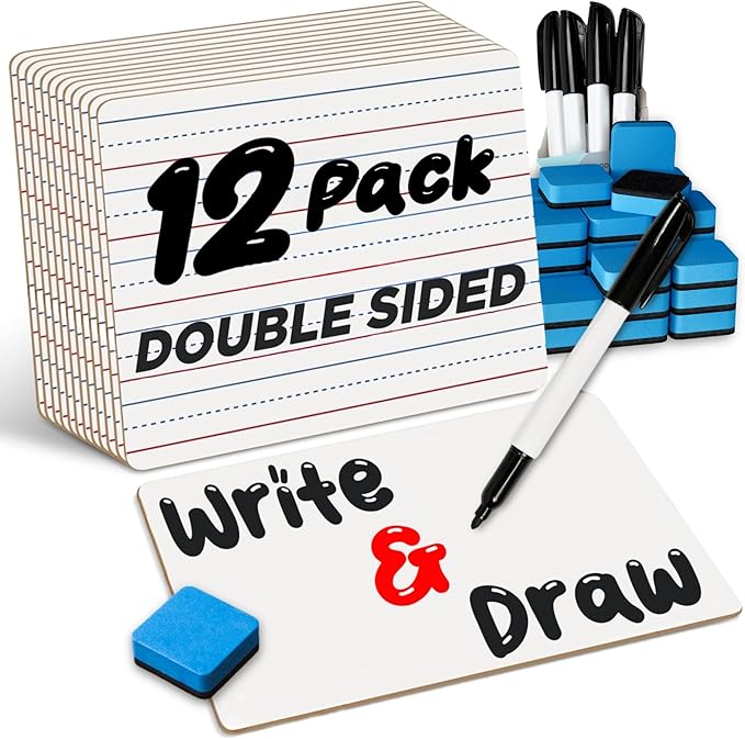 Double Sided Dry Erase Small White Board with Lines (12 Boards + 15 Pens/Erasers) - 9x12 Inch for Kids Lapboard, Mini Whiteboard, Students & Classroom