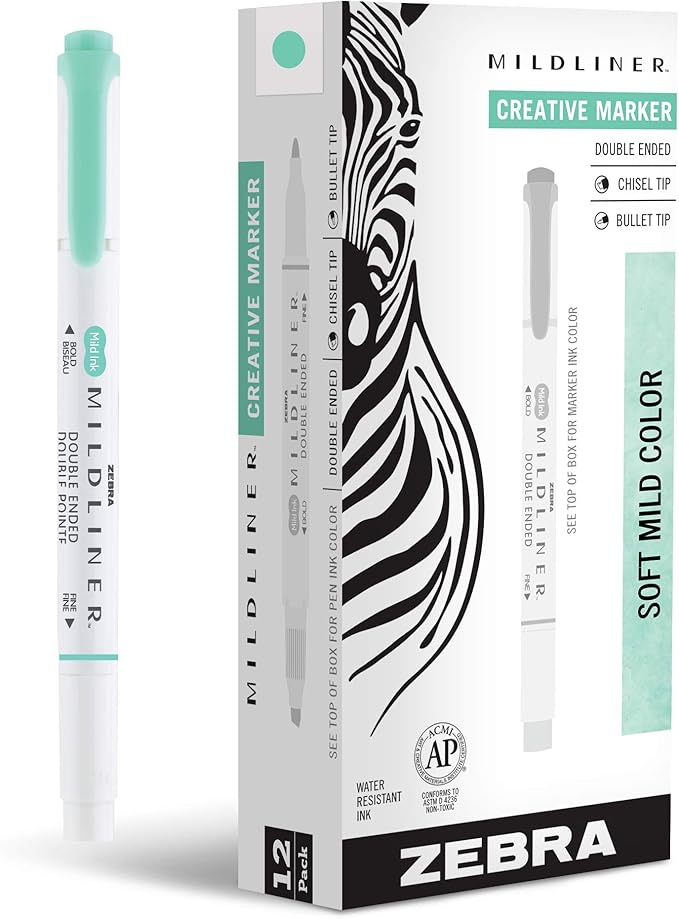Zebra Pen Mildliner Dual-Tip Highlighters, Broad and Fine Tips, Ideal for Bible Highlighting, No Bleed, School Supplies, Teacher Supplies, and Office Supplies, Mild Blue-Green Ink, 12-Pack (78220upc)