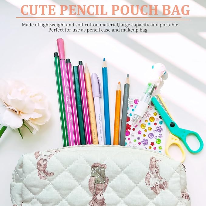 Pencil Pouch Cute Pencil Case Office Storage Bag Holder Box Organizer Aesthetic Bow Flower Pattern Makeup Pouch Cosmetic Bag for Women Girls