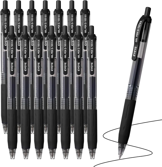 EYEYE G-103 Black Gel Pens 15 Pack, Retractable, 0.5mm Extra Fine Point | Quick Drying, Ballpoint Pen Fine Point Smooth Writing Pens for Office Supplies, Black to School