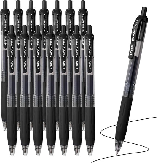 EYEYE G-103 Black Gel Pens 15 Pack, Retractable, 0.5mm Extra Fine Point | Quick Drying, Ballpoint Pen Fine Point Smooth Writing Pens for Office Supplies, Black to School