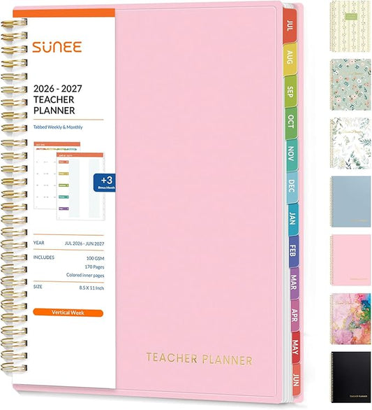 SUNEE Teacher Planner 2026-2027 Academic Year, Lite Lesson Planner Book with 7 Periods Jul 2026 - Jun 2027, 8.5"x11" Daily Weekly and Monthly Organizers, Plan Book with Pocket Folder, Color Tabs,Pink