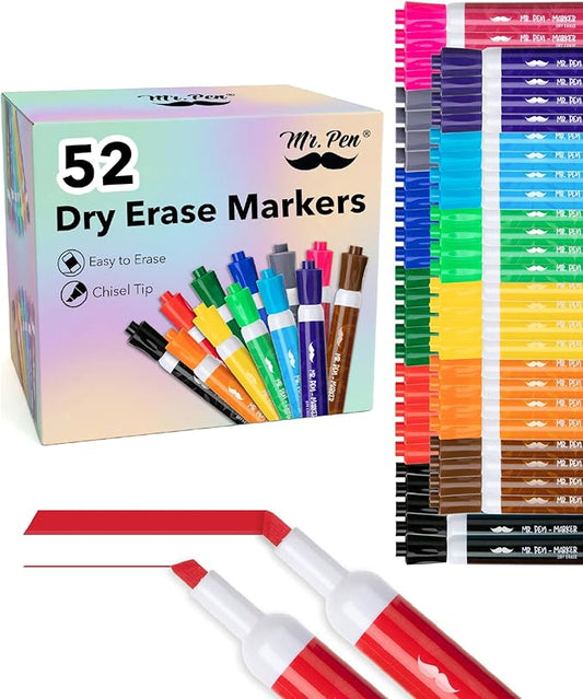 Mr. Pen- Dry Erase Markers, 52 Pack, Assorted Colors, Low Odor Ink, Chisel Tip, Bulk White Board Markers Dry Erase, Ideal for Classroom, Back to School Supplies, Teachers, Office, Whiteboard & Home