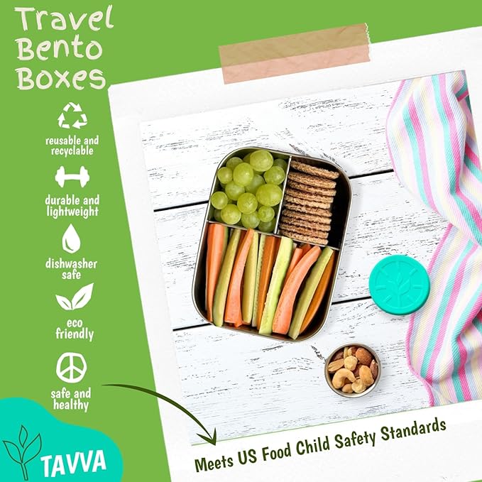 TAVVA Stainless Steel Lunch Box for Kids Ages 6-9 | 2-Piece Set | 27oz Metal Bento Box with 100% Steel Lids | 1.7oz Dip Cup with 100% Leakproof Silicole Lid | BPA-Free | Freezer & Dishwasher Safe