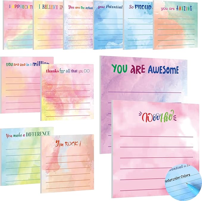 Yinder 12 Pcs Inspirational Sticky Notes Cute Motivational Sticky Notes Pad End of Year Employee Appreciation Gifts Bulk for Teacher Nurse Coworkers Office Supplies 3 x 3'' (Appreciation,Watercolor)