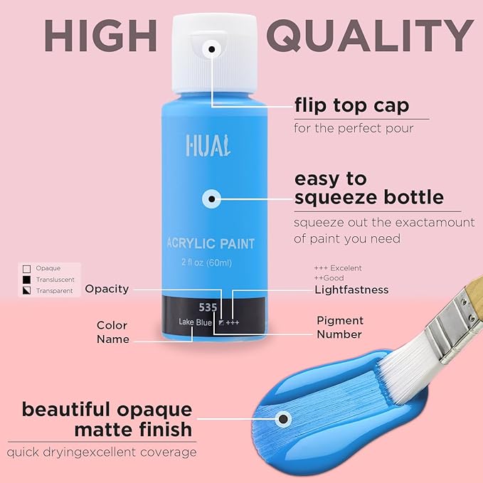 HUAL Acrylic Paint Set with 5 Brushes, 24 Colors (60ml, 2oz) for Artists Kids Beginners & Painters,Model/Canvas/Rock/Fabric/Glass/Stone/Ceramic/Wood Painting, Non Toxic