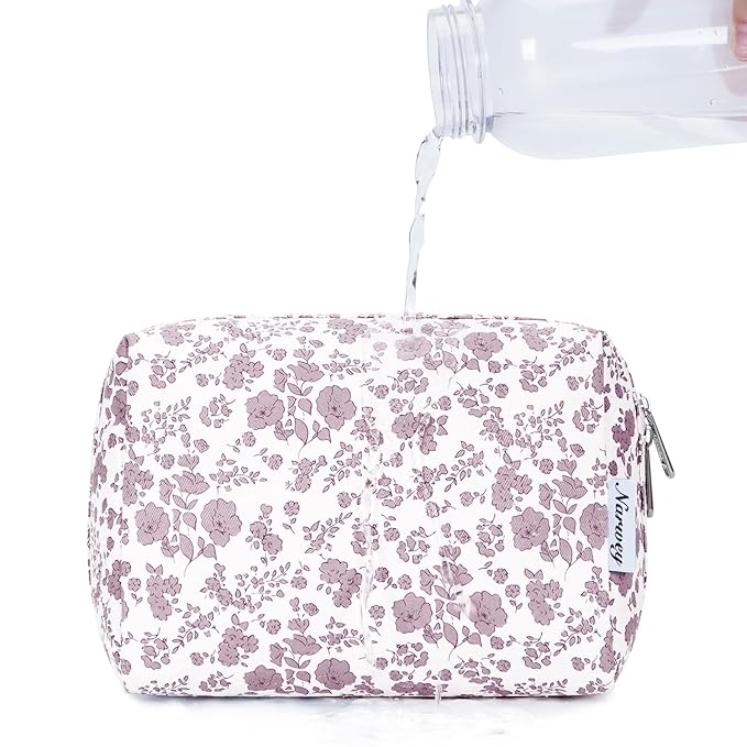 Narwey Small Cute Floral Makeup Bag for Purse Mini Cosmetic Bag Travel Makeup Pouch Zipper Pouch Cute Make up Bags with Compartments for Women Girls (Dusty Pink Flower, Small)
