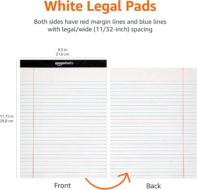 Amazon Basics Legal/Wide Ruled 8-1/2 by 11-3/4 Legal Pad, White, 600 Count (12 Pack of 50 Sheets)