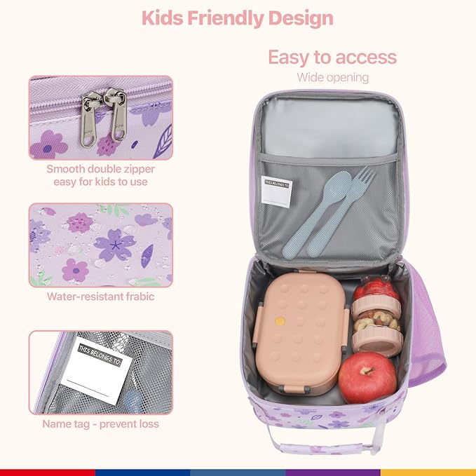 Bagseri Kids Lunch Box for Girls - Insulated Toddler Lunch Bag Fits Bento Box, Reusable Daycare Cooler Tote with Clip Handle, Water-Resistant Lining, Purple Floral