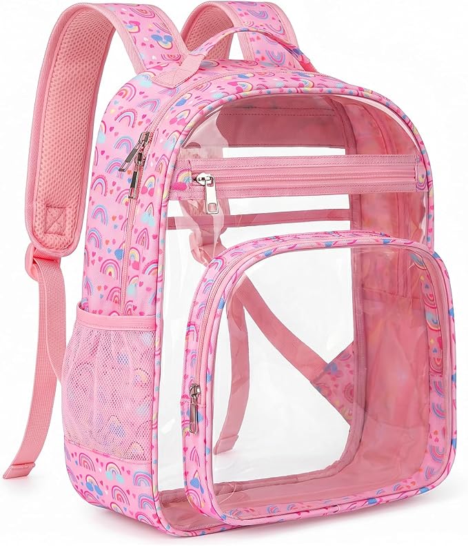 Soimeat Clear Backpack for Girls - Large Kids Clear Bookbag - Fabric & PVC Transparent Backpacks for Elementary School, Pink Rainbow