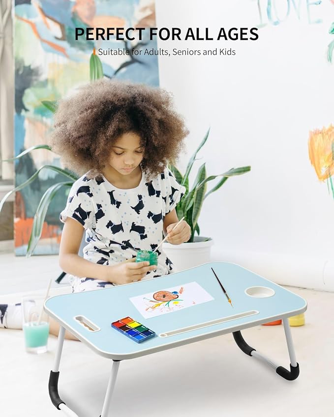 FISYOD Foldable Laptop Table, Portable Lap Desk Bed Table Tray, Laptop Stand with Cup Holder & Tablet Slot & Lifting Handle for Working Writing Drawing & Eating (Light Blue)