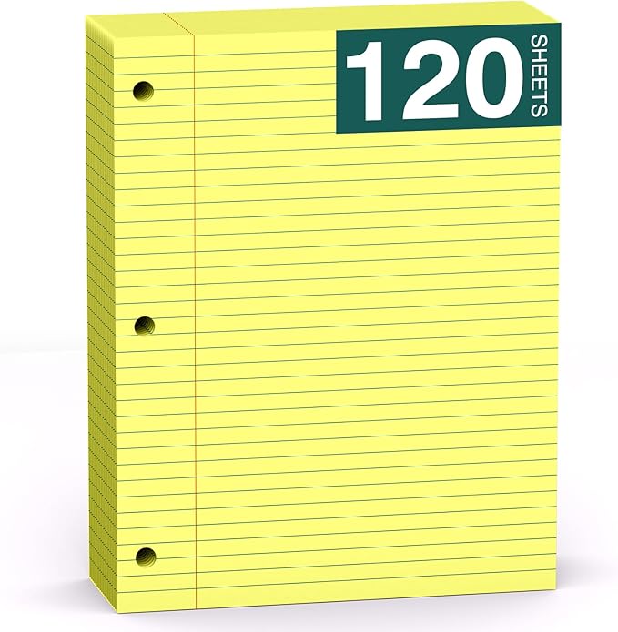 Yellow Note Pads 8 X 10.5 Loose Leaf Paper, 120Sheets, 3 Hole Punched Lined Paper, College Ruled 8 X 10.5 Notebooks, 10-1/2" X 8 Binder Writing Pads, Filler Paper for Office, School Supplies
