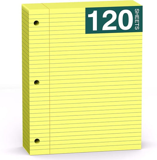 Yellow Note Pads 8 X 10.5 Loose Leaf Paper, 120Sheets, 3 Hole Punched Lined Paper, College Ruled 8 X 10.5 Notebooks, 10-1/2" X 8 Binder Writing Pads, Filler Paper for Office, School Supplies