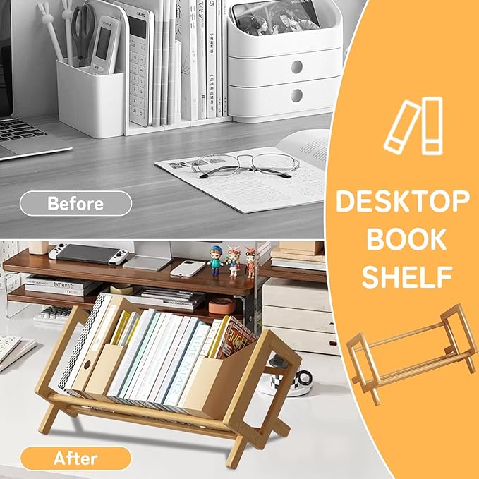 Desktop Bookshelf Bamboo Book Storage Organizer Large Magazine Holder Racks for Home Office Bedroom Tilting Bookcase for Books CDs Files Magazine Display Back to School Gift