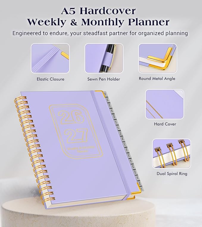 Planner 2026-2027, 18 Months Weekly and Monthly Hardcover Planner, January 2026 - June 2027, 5.75" x 8.38" A5 Daily Calendar Planner Book with Tabs, Spiral Yearly Agenda Organizer Notebook for School Work Home, Purple