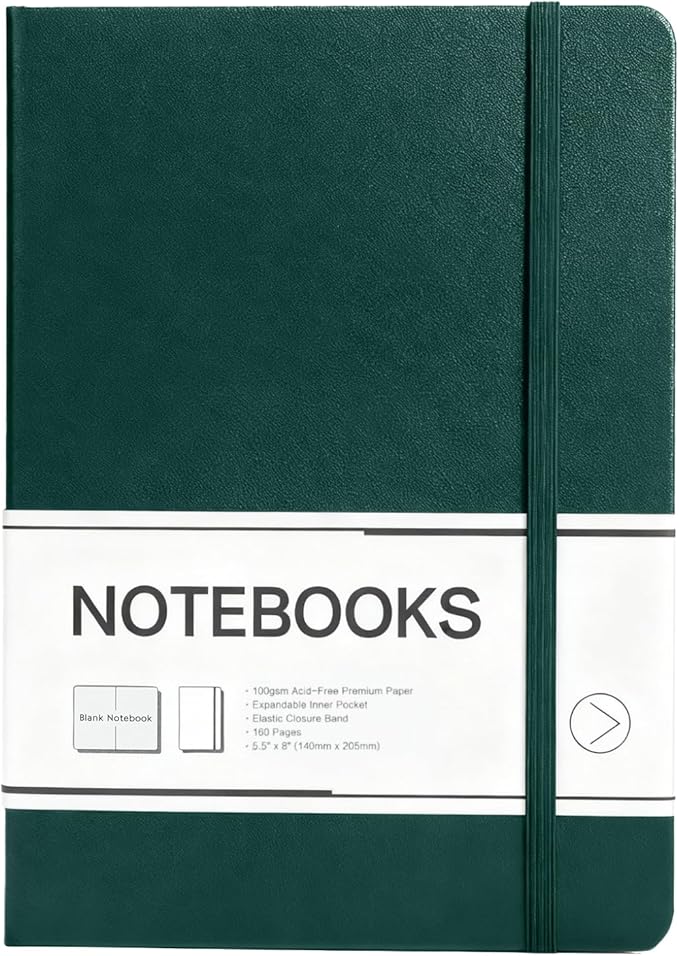 M&G Blank Journal Notebook, 160 Pages, A5 Medium Size 5.6" x 8" for Men Women, 100GSM Thick College Ruled Paper for Journaling, Writing, Sketching, Leather Hardcover, Green