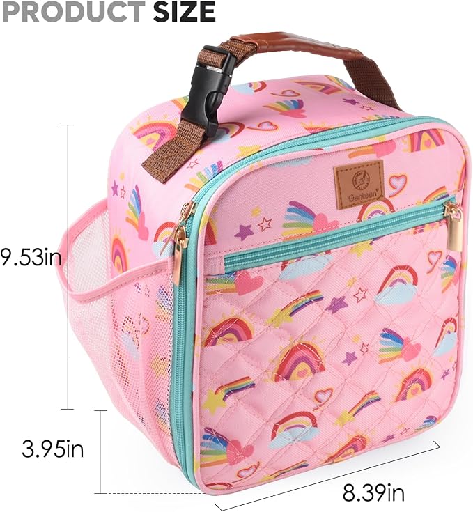 Genteen Kids Lunch Box Insulated Soft Mini Cooler with Bottle Holder, Lightweight Reusable Easy-Clean Lunch bag for Girls, Boys Back to School-Rainbow