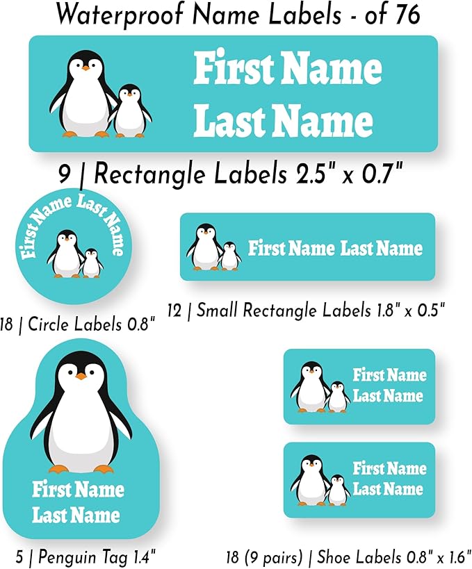 Personalized Kids Name Labels – Waterproof Custom Stickers for Daycare & School, Dishwasher & Laundry Safe (Light Blue Penguin)