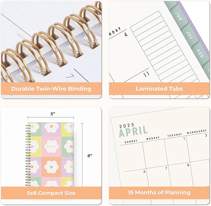 Blue Sky Brook Gossen 15 Month 2026-2027 Weekly and Monthly Academic Year Planner Calendar, April 2026 - June 2027, 5" x 8", Flexible Cover With Zip Pouch, Wirebound, Laminated Tabs, Storage Pocket, Daisy Checkers