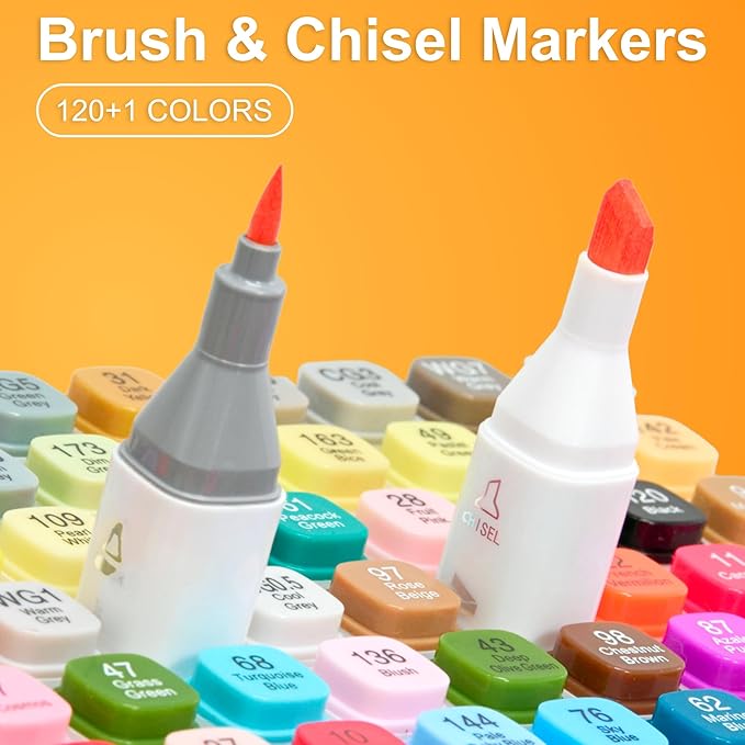 AnyMark Alcohol Markers Brush Tip, 120+1 Colors Dual Tip Brush & Chisel Alcohol-Based Art Markers Set with Case for Adult Artists Drawing Coloring