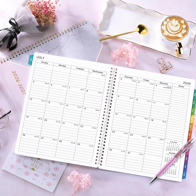 Planner 2026-2027 - Academic Planner 2026-2027, Jul. 2026 - June. 2027, 8" x 10", Planner Weekly and Monthly with Tabs, Planners 2026, 12 Month Calendar with Colourful Tabs, Twin-Wire Binding - Pink Marble