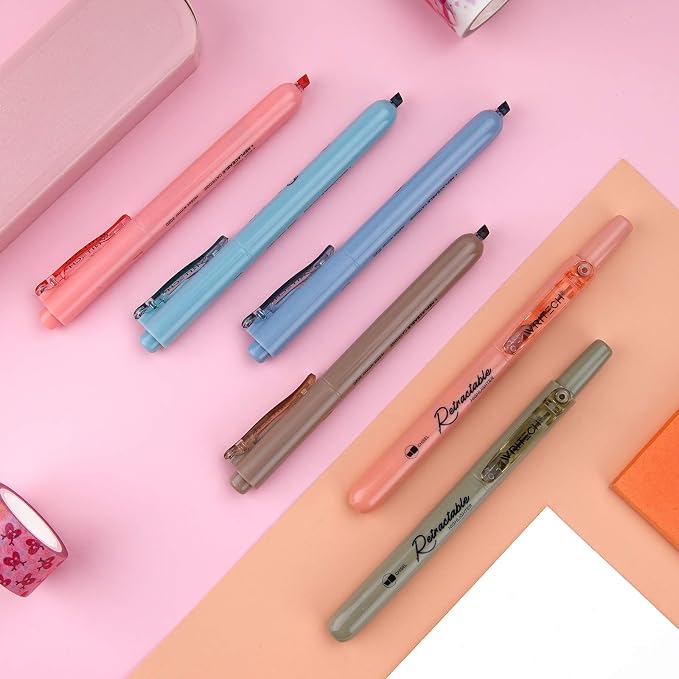 WRITECH Retractable Highlighters Assorted Colors: Chisel Tip 6ct Vintage | Aesthetic Pens Pack Multi Colored Ink No Bleed & Smear for Highlighting Journaling Drawing Coloring Note-taking Home Office
