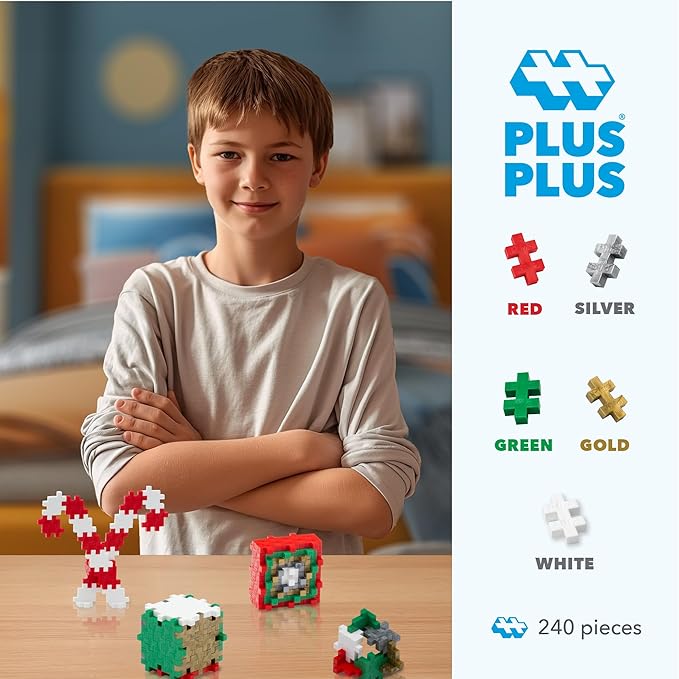 PLUS PLUS 240 Piece Holiday Mix Tube - Mini Interlocking Building Blocks Set, Stem Toys for Kids - Sensory Bin Fillers/Math Manipulatives Classroom Must Haves Gifts for Boys & Girls