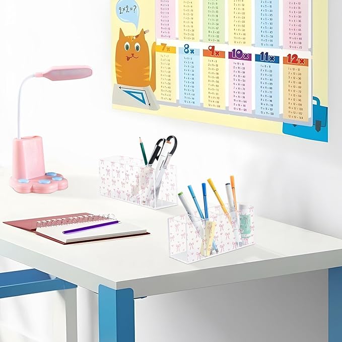 Aslsiy Cute Coquette Pink Bow Pen Holder White 4 Compartments Acrylic Pencil Holder Clear Makeup Brush Holder Desk Organizer Office Supplies