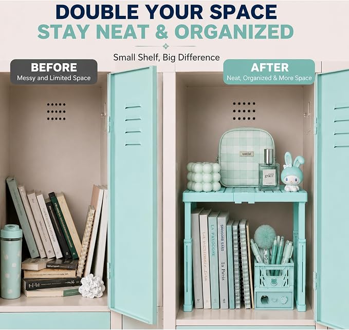 Svartur Locker Shelf Adjustable Height and Width, Locker Organizer for Work, Expandable Shelves for Locker Stand Tools for Gym Locker, Back to School Accessories, Mint-Blue, Pack of 2