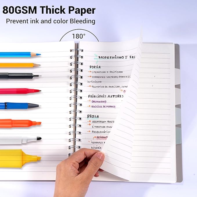 FLYING EAGLE Small Spiral Notebook 5 Subject Notebook Wide Ruled with Dividers Tabs Waterproof Plastic Cover Thick Paper Notebooks for Work School, 7x10 Grey