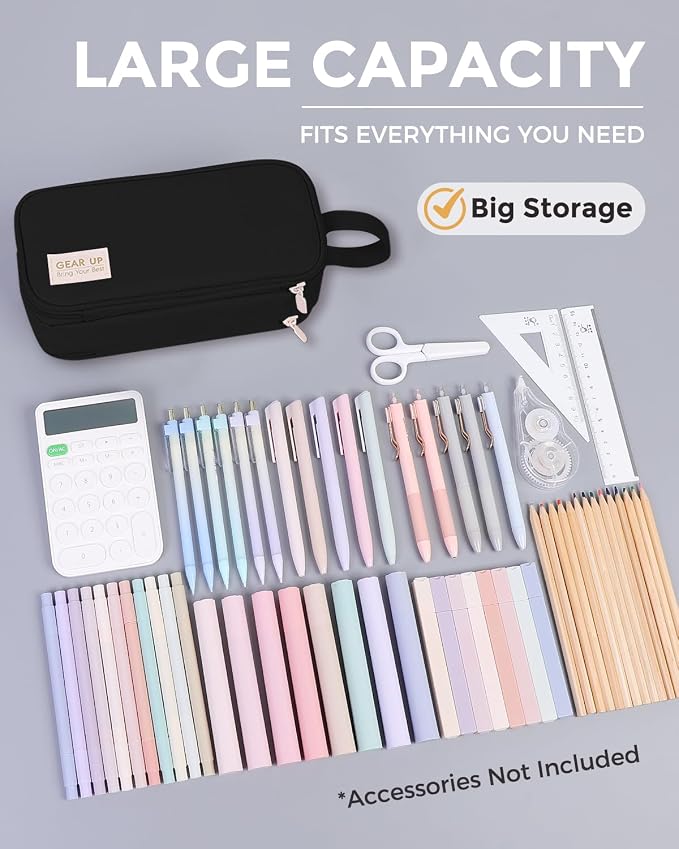 SKYDUE Large Capacity Pencil Case with Handle, 3 Compartment Canvas Pencil Pouch, Cute Soft Color Pencil Bag for Pens, Markers, Aesthetic Stationery and Organizer for Teen Girls Adult, Black