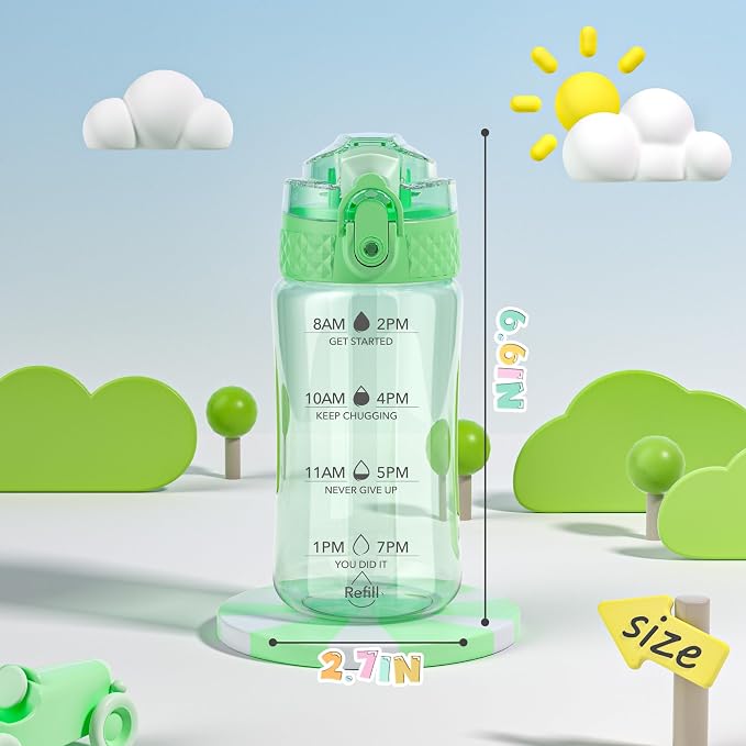 OLDLEY 12oz Kids Water Bottle, Tritan BPA-Free, Leakproof Flip Straw Lid, Motivational Time Marker, Carry Strap, Reusable Clear Water Bottle for Boys & Girls,Pear