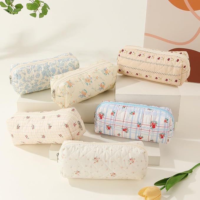 Cute Mini Quilted Makeup Bag for Women Travel Cosmetic Bags Lightweight Coquette Aesthetic Floral Toiletry Organizer Case (Floral#05)