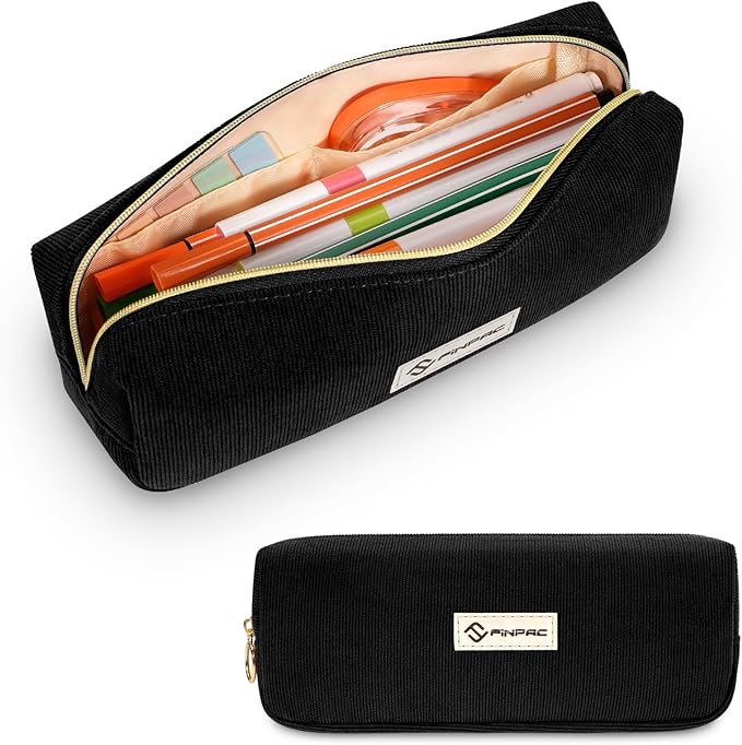FINPAC Pencil Case, Corduroy Aesthetic Makeup Bag, Cute Kawaii Pen Bag Pouch Holder Box Organize for Study, Office, or Travel (Black)