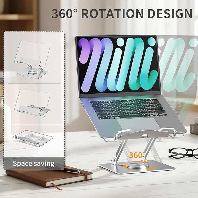 Adjustable Acrylic Laptop Stand for Desk, Ergonomic Aluminum Laptop Riser, Computer Stand for Laptop, Book Holder, for iPad, Tablets, Compatible with MacBook,Sturdy Foldable Design with Swivel Base.