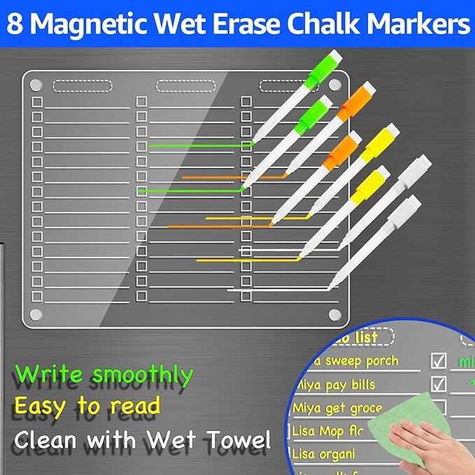 PigPotParty Acrylic Magnetic to Do List Whiteboard for Refrigerator, 12x9.5 Inch Clear Dry Erase Checklist Board, 3-Column Fridge List with Pre-Installed Embedded Magnet, 8 Markers and 1 Towel