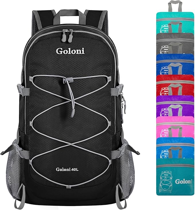 Goloni Ultra Lightweight Packable Backpack 40L - Foldable Hiking Backpack Water Resistant Small Foldable Daypack for Travel,Black