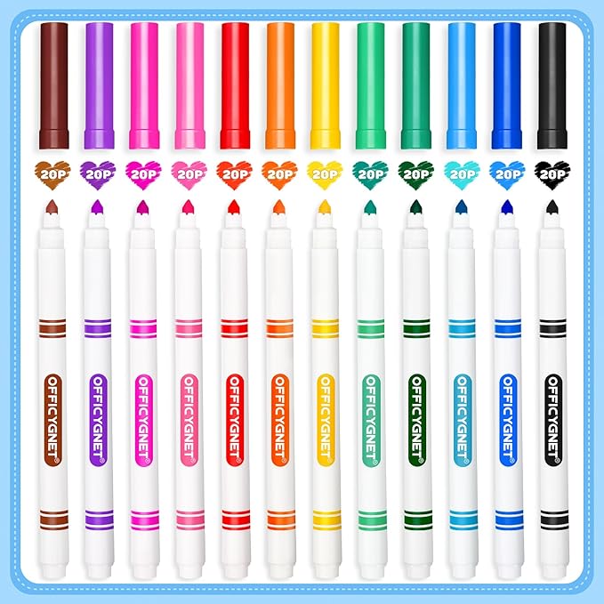 Officygnet 240 Count Washable Markers Bulk, 12 Assorted Colors, Conical Tip with Fine & Broad Line Coloring Marker for Kids, Markers Bulk for Classroom, School Art Supplies, Back to School Essentials