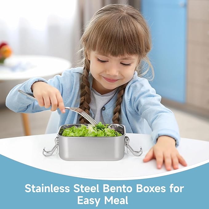 2 PCS Bento Boxes, 550 ML Stainless Steel Lunch Boxes, Food Storage Containers, Portable Metal Lunch Containers, Lockable Clips to Leak Proof, Reusable Dishwasher Safe Lunch Snack Boxes