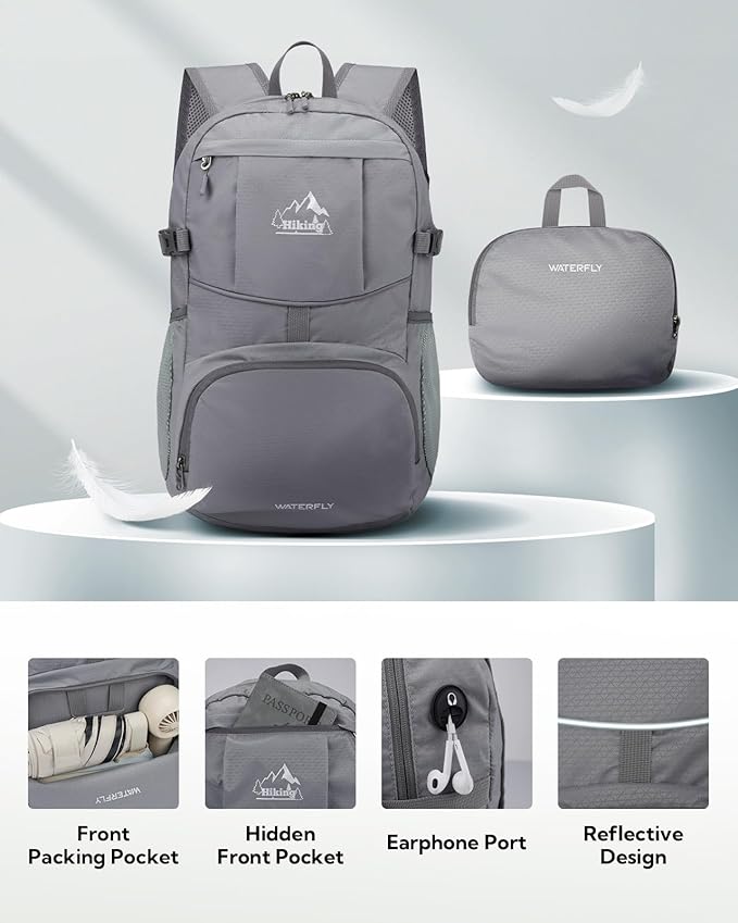 WATERFLY Hiking Packable Daypack Backpack: 25L Ultra Lightweight Day Pack for Women Men - Small Compact Folding Back Pack for Outdoor Sport Cycling Camping Travel Trip - Gray