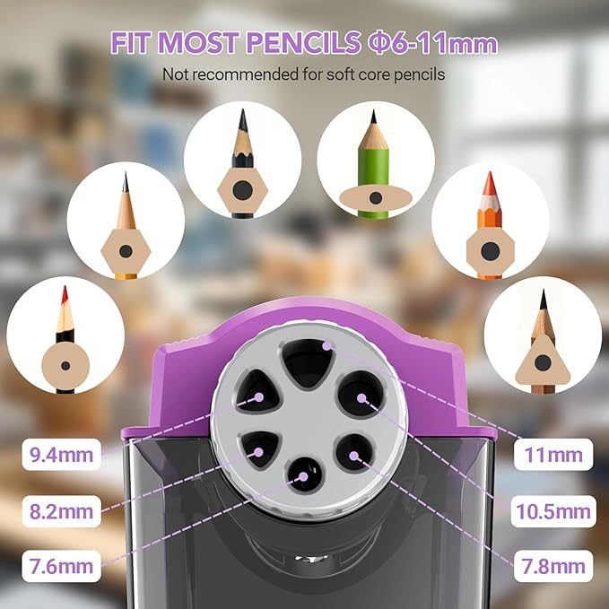 AFMAT Electric Pencil Sharpener for Classroom, 6 Holes, Cordless & Rechargeable, Super Fast, Auto Stop, 10K+ Uses, Heavy Duty Pencil Sharpener for 6-11mm No.2/Large/Colored Pencils PSD4(Purple)