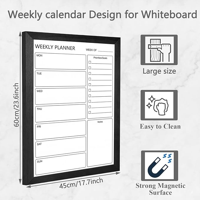 Dry Erase White Board Weekly Calendar Board, Magnetic Whiteboard for Wall,17.7“x23.6 Solid Wood Black Framed Message Board, Planner Board for Office, Home, School（Weekly-BB-BK-4560