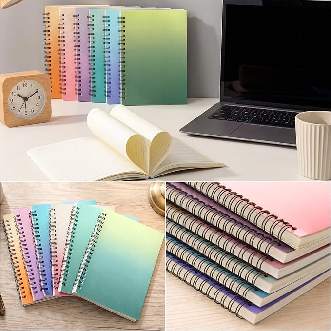 Leelosp 12 Pcs Small Spiral Notebook Lined Spiral Journal College Ruled Notebook Wire Bound Kraft Cover, 120 Pages for Work (Gradient Color,5.5 x 8.3 Inch)