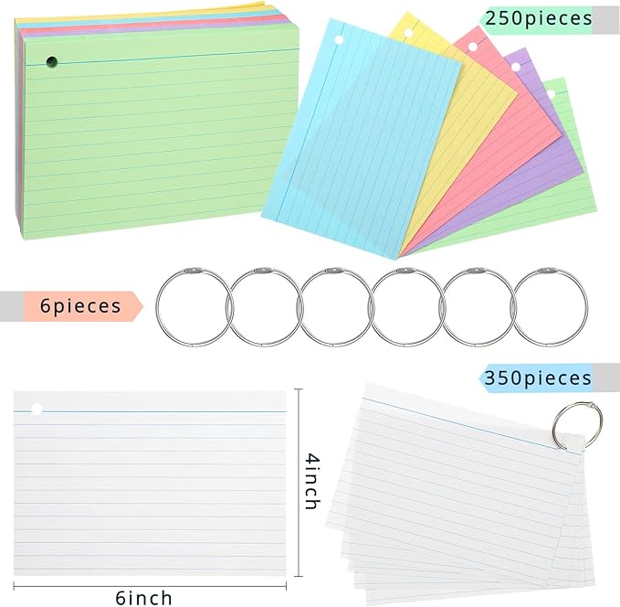 Epakh 300 Pieces Lined Index Cards 180 GSM Thick Flash Cards with Rings Notecards Punched Back to School for Studying Adults Home College Office(4 x 6 Inch,Light Color)