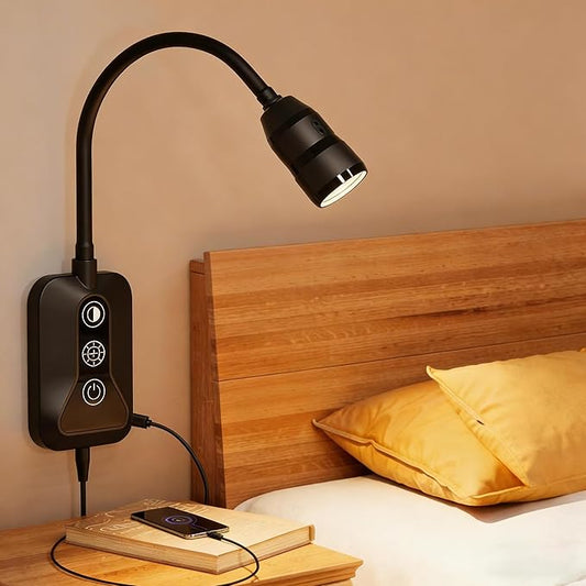 LED Wall Mounted Reading Light with Wave Sensor/Touch Switch, 5 Color & 5 Level Dimmable Touch Bed Lights for Reading with USB C Output, Eye-Care Bedside Reading Light for Bed,Heaboard (Black)